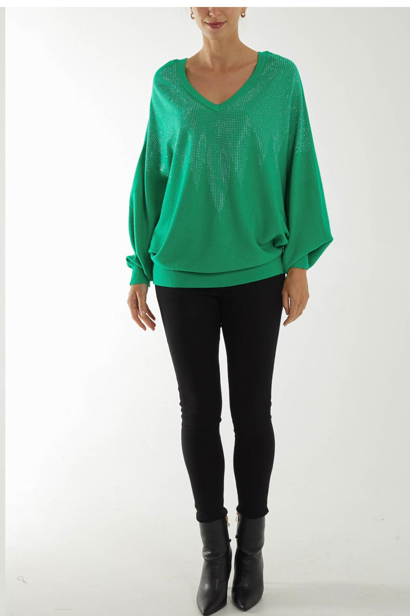 V Neck Batwing Sequin Jumper