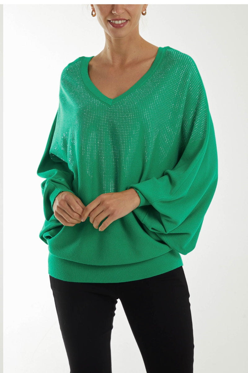 V Neck Batwing Sequin Jumper