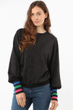 Black Glitter Jumper with Balloon Sleeve and Striped Cuff